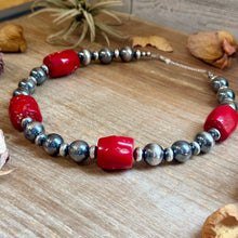 Load image into Gallery viewer, Dyed Red Coral Barrel & Sterling Silver Pearl Necklace