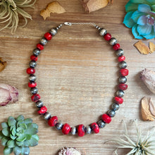 Load image into Gallery viewer, Graduated Dyed Red Coral & Sterling Silver Pearl Necklace