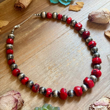 Load image into Gallery viewer, Graduated Dyed Red Coral & Sterling Silver Pearl Necklace