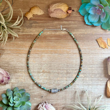 Load image into Gallery viewer, Green Turquoise Heishi &amp; Sterling Silver Barrel Bead Necklace
