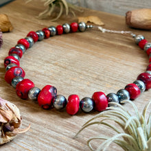 Load image into Gallery viewer, Graduated Dyed Red Coral &amp; Sterling Silver Pearl Necklace
