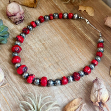 Load image into Gallery viewer, Graduated Dyed Red Coral &amp; Sterling Silver Pearl Necklace
