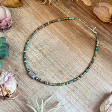 Load image into Gallery viewer, Green Turquoise Heishi &amp; Sterling Silver Barrel Bead Necklace

